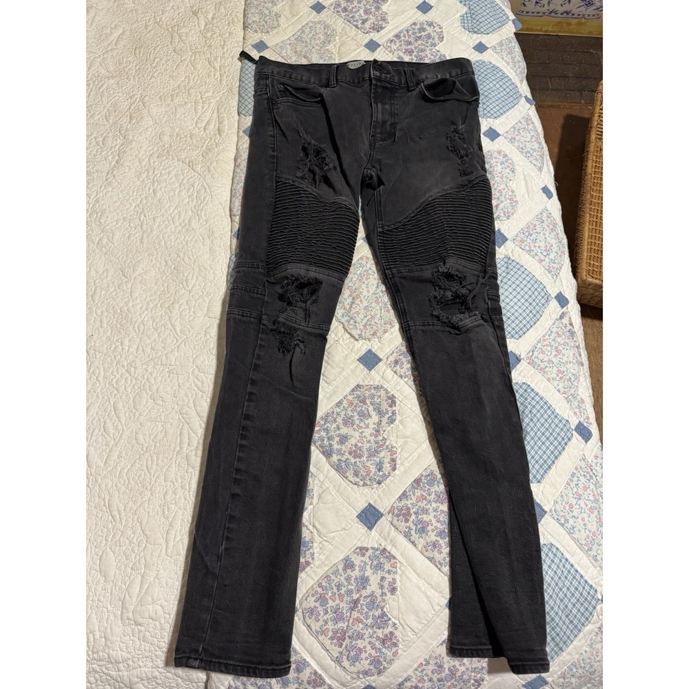 Bullhead Mens Jeans 30x28 Black Stacked Skinny Moto Distressed Torn Belt Loop